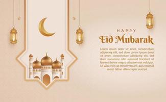 felice sfondo eid mubarak con lanterne appese e moschea vettore