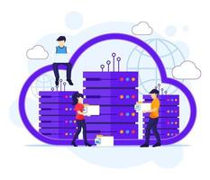 concetto di cloud computing, persone che lavorano su laptop e server, archiviazione digitale, data center. illustrazione vettoriale