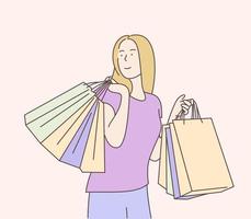 shopping, vendita, scelta, negozio, concetto di acquisto. ragazza allegra felice con lo shopping. disegnata a mano in stile linea sottile, illustrazioni vettoriali. vettore