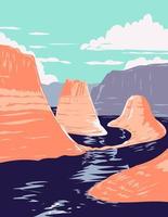 il lago powell e il canyon di riflessione nell'area ricreativa nazionale di glen canyon utah stati uniti d'america poster art wpa vettore