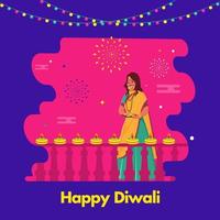 contento Diwali celebrazione manifesto design con indiano donna Tenere piatto di illuminato olio lampade e decorativo ringhiera su rosa e blu sfondo. vettore