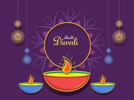 contento Diwali font con illuminato olio lampade e sospeso quilled mandala decorato su viola sfondo. vettore