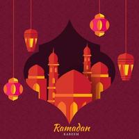 islamico santo mese di Ramadan concetto con sospeso illuminato lanterne, moschea su rosa strutturato sfondo. vettore