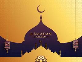 islamico santo mese di Ramadan concetto con moschea, sospeso lanterne su d'oro e viola sfondo. vettore
