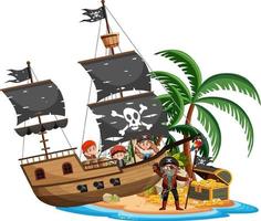 nave pirata sull'isola con molti bambini isolati su sfondo bianco vettore