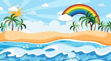 paesaggio della spiaggia alla scena di giorno con arcobaleno nel cielo vettore