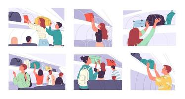 viaggiatori nel il cabina preparare per il volo, prendere loro sedili, posto loro mano bagaglio. vettore