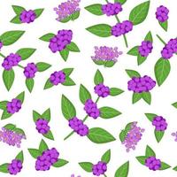 Vector cartoon seamless pattern con callicarpa o beautyberry frutti esotici, fiori e foglie su sfondo bianco