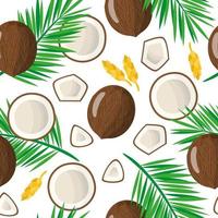 Vector cartoon seamless pattern con cocos nucifera o cocco frutti esotici, fiori e foglie su sfondo bianco