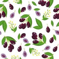 Vector cartoon seamless pattern con syzygium cumini o jambolan frutti esotici, fiori e foglie su sfondo bianco