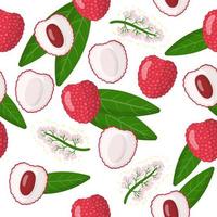 Vector cartoon seamless pattern con litchi cinesi esotici frutti, fiori e foglie su sfondo bianco