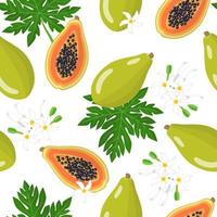Vector cartoon seamless pattern con carica papaya o melone albero frutti esotici, fiori e foglie su sfondo bianco