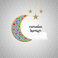 biglietto di auguri di ramadan kareem con luna decorativa e sfondo islamico lanterna a stella vettore