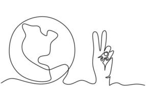 disegno continuo di una linea delle mani con globo terrestre isolato su priorità bassa bianca. tema della giornata della terra. una mano umana con il design schizzo disegnato a mano di contorno del pianeta terra del mondo. illustrazione vettoriale
