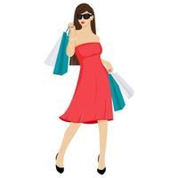 una bella ragazza in un vestito sta facendo shopping. la ragazza con le borse. alla moda. illustrazione vettoriale in stile cartone animato. Isolato su uno sfondo bianco.