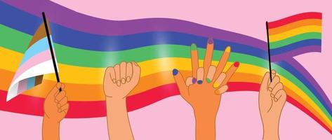 contento orgoglio mese sfondo. LGBTQ Comunità simboli con mano cartello, transgender bandiera, orgoglio bandiera. design per celebrazione contro violenza, bisessuale, transgender, Genere uguaglianza, diritti concetto. vettore