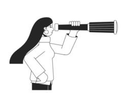 donna guardare a monoculare telescopio piatto linea nero bianca vettore carattere. modificabile isolato schema persona. strategico visione semplice cartone animato stile individuare illustrazione per ragnatela grafico disegno, animazione