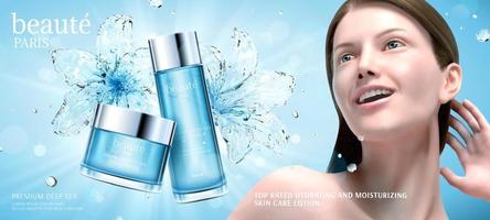 idratante cosmetico Annunci con liquido giglio e fiducioso donna nel 3d illustrazione, bellezza scritto nel francese testo vettore