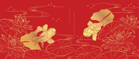 lusso orientale fiore sfondo vettore. elegante rosso loto fiori d'oro linea arte con mare onda linea modello e pesce rosso. Cinese e giapponese design per sfondo, manifesto, striscione, carta. vettore