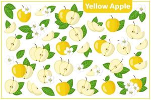set di illustrazioni vettoriali di cartone animato mela gialla frutti esotici, fiori e foglie isolati su priorità bassa bianca
