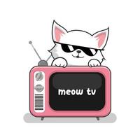 gatto e vecchio tv cartone animato - carino bianca figa gatto sopra televisione vettore occhiali da sole