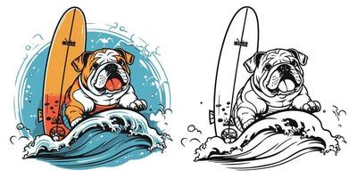 un' spiaggia amorevole bulldog attraente alcuni onde su un' tavola da surf.illustrazione di maglietta design vettore