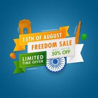 15 di agosto la libertà vendita nastro nel tricolore con sconto offerta, Ashoka ruota e India famoso monumenti su blu sfondo. vettore