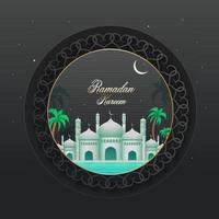 squisito Visualizza di un' moschea nel mezzaluna chiaro di luna notte, e palma alberi su grigio floreale telaio per islamico santo mese di Ramadan kareem concetto. vettore