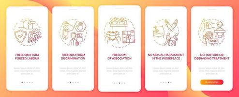 I lavoratori migranti liberano la schermata della pagina dell'app mobile onboarding rossa con i concetti vettore