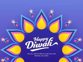 contento Diwali font con rangoli decorato a partire dal illuminato olio lampade su blu sfondo. vettore