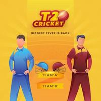 senza volto giocatori di cricket con caschi di partecipanti squadre su giallo sfondo per t20 cricket, maggiore febbre è Indietro. vettore
