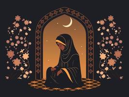 musulmano giovane donna personaggio preghiere con tasbih nel notte su floreale sfondo. islamico religioso concetto. vettore