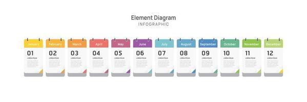 ordine del giorno Infografica modello per attività commerciale. 12 mesi moderno sequenza temporale elemento diagramma calendario, 4 trimestre passaggi pietra miliare presentazione vettore infografica.