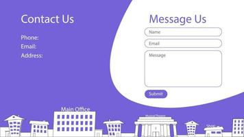 contatto schermo concetto per sito web con cartone animato città silhouette. modulo di invio messaggi. vettore blu modelli per sito web design. ui, ux, gui. eps 10.