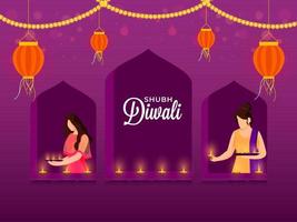 cartone animato giovane ragazze decorato finestre a partire dal illuminato olio lampade con sospeso lanterne su il occasione di diwali. vettore