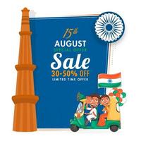 15 agosto vendita manifesto design con sconto offerta, Ashoka ruota, qutub minar su blu e bianca sfondo. vettore