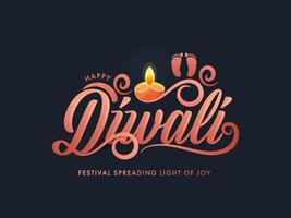 contento Diwali Festival diffusione leggero di gioia testo con dea orma e illuminato olio lampada su buio alzavola blu sfondo. vettore