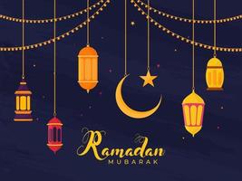 islamico santo mese di Ramadan concetto con sospeso illuminante lanterne, Luna, e stella su blu sfondo. vettore