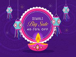 Diwali grande vendita manifesto design con sconto offerta, sospeso lanterne e illuminato olio lampada su viola grunge mandala modello sfondo. vettore