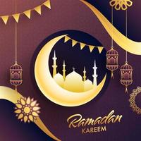 islamico santo mese di Ramadan kareem concetto con d'oro mezzaluna Luna, moschea, pavese bandiere, sospeso lanterne. vettore