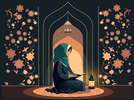 musulmano donna personaggio lettura Corano libro nel seduta posa e illuminato lampade su floreale sfondo. vettore