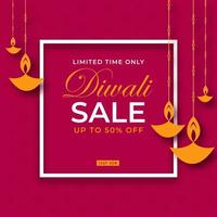 Diwali vendita manifesto design con sconto offrire e giallo carta illuminato olio lampade appendere su rosa sfondo. vettore