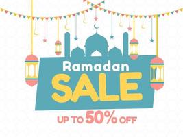 islamico santo mese di Ramdan vendita concetto con sospeso colorato lanterne, bellissimo moschea e colorato pavese bandiere. vettore