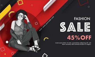 rosso e nero disposizione ragnatela bandiera design con giovane ragazza personaggio e sconto offrire per moda saldi. vettore