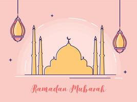 islamico santo mese di Ramadan mubarak con sospeso lanterne e moschea su rosa sfondo. vettore