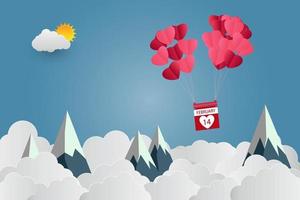 San Valentino palloncino a forma di cuore galleggiante nel cielo e belle montagne cloud.paper art.vector illustrazione vettore