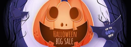 Halloween grande vendita intestazione o bandiera design con sconto offerta, spaventoso zucca e pipistrelli volante su pieno Luna blu foresta sfondo. vettore