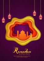 islamico santo mese di Ramadan mubarak concetto con sospeso lanterne, moschea su stratificato carta sfondo. vettore