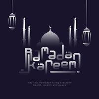 islamico santo mese di Ramadan kareem concetto con splendente moschea, e sospeso lanterne su buio viola sfondo. vettore