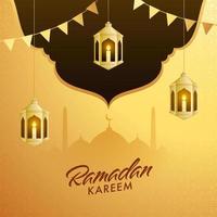 io esso candele dentro Arabo d'oro lanterne, moschea silhouette, pavese bandiere su Marrone e d'oro sfondo per islamico santo mese di Ramadan kareem occasione. vettore
